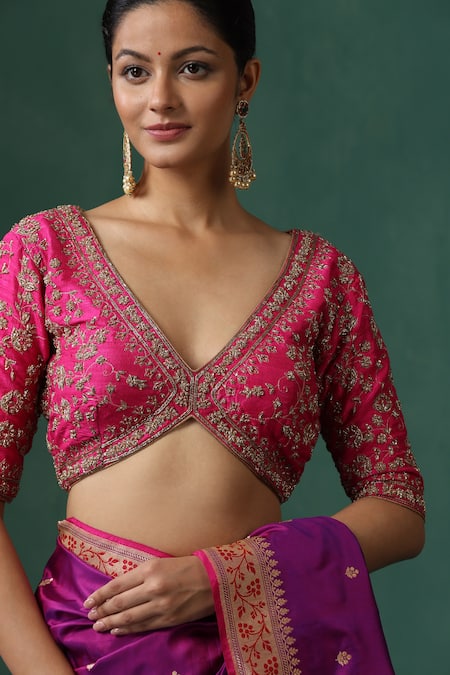 Buy Weaver Story Pink Silk Zari, Embroidery V-neck Jaal Zardozi Work Saree Blouse Online at Aza Fashions Buy_Weaver Story_Pink Silk Zari, Embroidery V-neck Jaal Zardozi Work Saree Blouse _Online_at_Aza_Fashions
