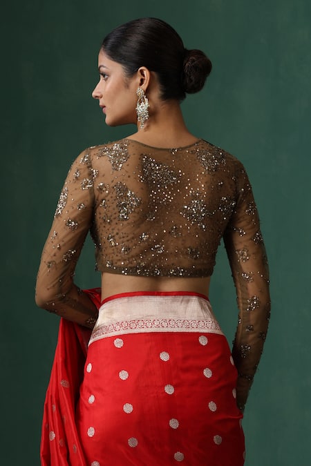 Shop_Weaver Story_Black Net Embroidered Sequin Round Floral Saree Blouse _at_Aza_Fashions