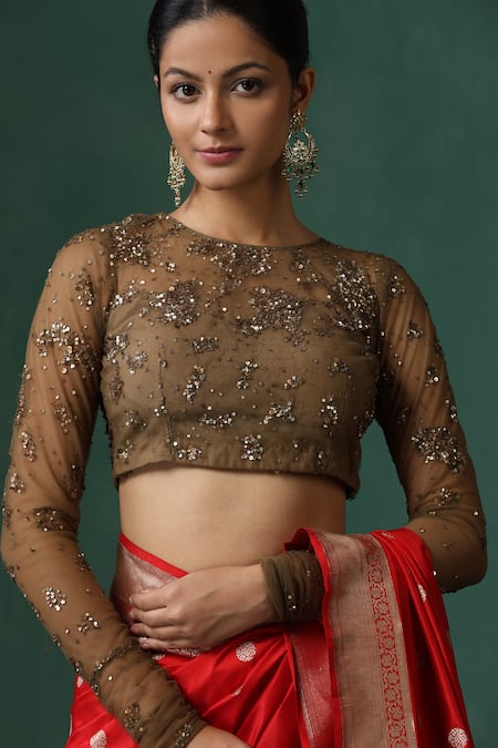 Buy_Weaver Story_Black Net Embroidered Sequin Round Floral Saree Blouse _Online_at_Aza_Fashions
