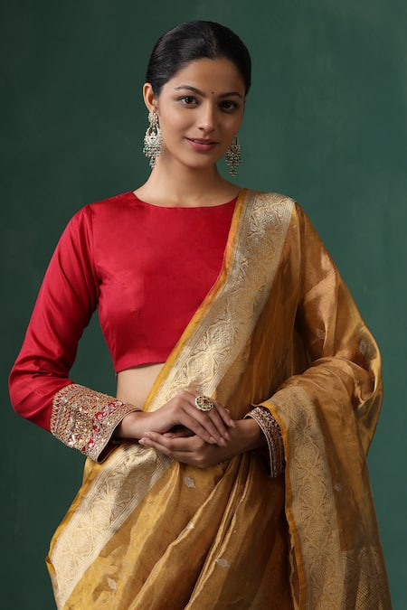 Weaver Story_Red Silk Gota Patti Boat Neck Embroidered Saree Blouse _Online_at_Aza_Fashions