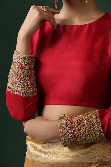 Buy_Weaver Story_Red Silk Gota Patti Boat Neck Embroidered Saree Blouse _Online_at_Aza_Fashions
