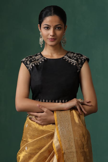 Weaver Story_Black Silk Embroidery Round Neck Zardozi Work Pure Blouse _Online_at_Aza_Fashions