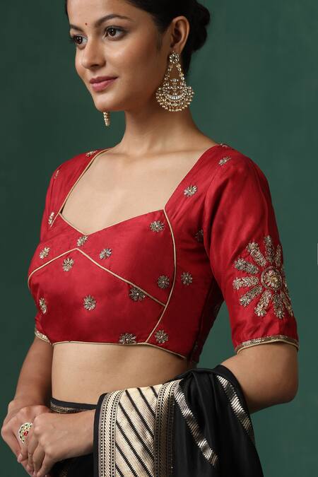 Buy_Weaver Story_Red Silk Zari Sweetheart Neck Floral Zardozi Embroidered Blouse _Online_at_Aza_Fashions