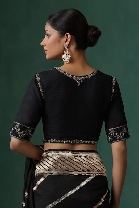 Weaver Story Black Floral Zardozi Work Saree Blouse 