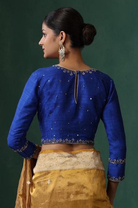 Weaver Story Blue Raw Silk Zardozi Work Saree Blouse 