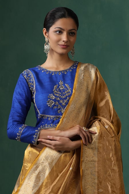 Weaver Story Blue Silk Embroidery Round Neck Raw Zardozi Work Saree Blouse Online at Aza Fashions Weaver Story_Blue Silk Embroidery Round Neck Raw Zardozi Work Saree Blouse _Online_at_Aza_Fashions
