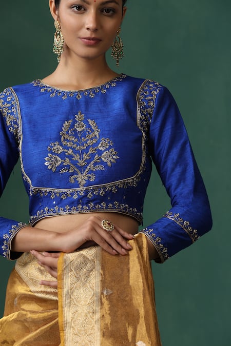 Buy Weaver Story Blue Silk Embroidery Round Neck Raw Zardozi Work Saree Blouse Online at Aza Fashions Buy_Weaver Story_Blue Silk Embroidery Round Neck Raw Zardozi Work Saree Blouse _Online_at_Aza_Fashions