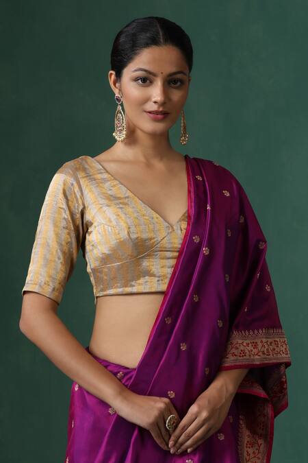 Weaver Story_Gold Tissue, Silk V-neck And Silver Striped Blouse _Online_at_Aza_Fashions