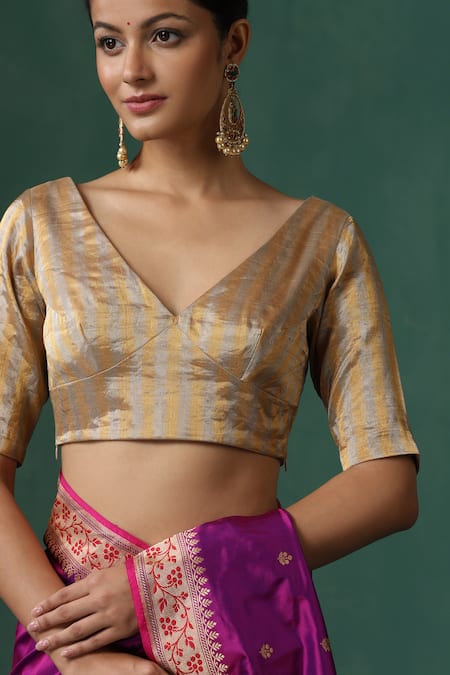 Buy_Weaver Story_Gold Tissue, Silk V-neck And Silver Striped Blouse _Online_at_Aza_Fashions