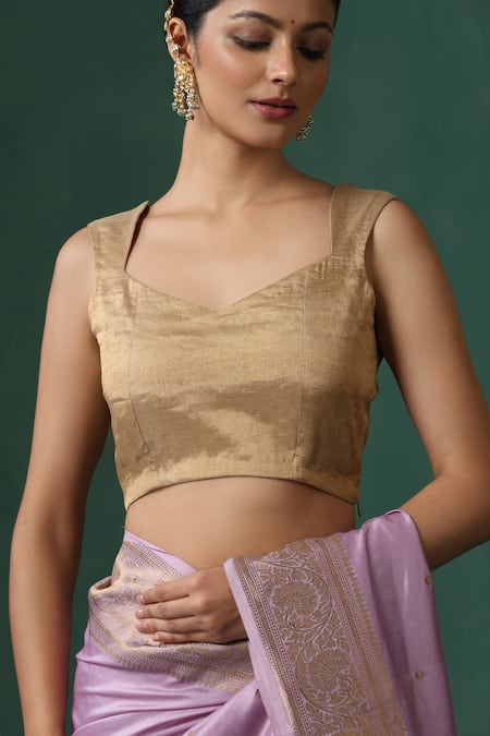 Buy Weaver Story Gold Tissue Zari Sweetheart Neck Silk Sleeveless Blouse Online at Aza Fashions Buy_Weaver Story_Gold Tissue Zari Sweetheart Neck Silk Sleeveless Blouse _Online_at_Aza_Fashions