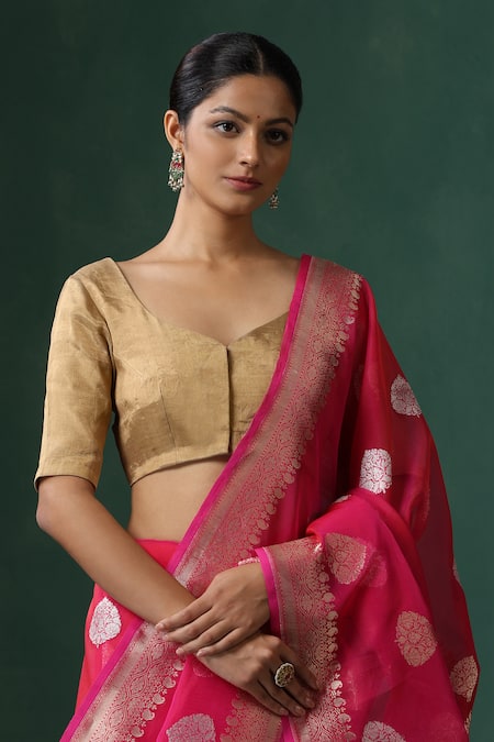 Weaver Story_Gold Tissue Asymmetric Silk Saree Blouse _Online_at_Aza_Fashions