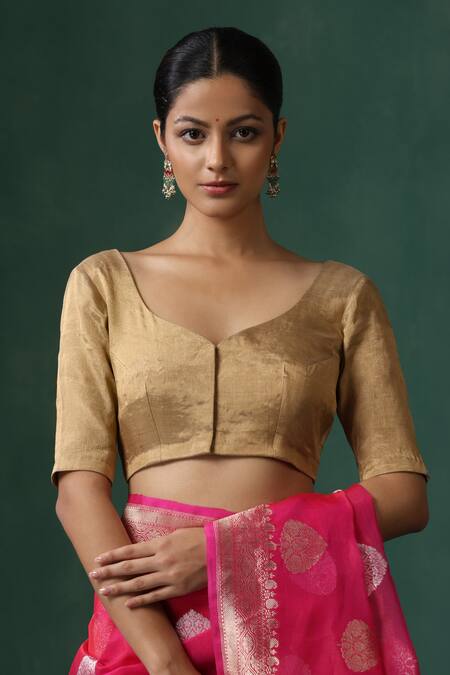 Buy_Weaver Story_Gold Tissue Asymmetric Silk Saree Blouse _Online_at_Aza_Fashions