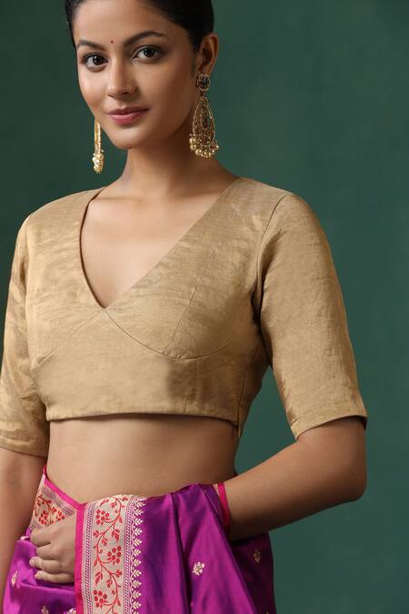 Buy Weaver Story Gold Tissue V-neck Silk Saree Blouse Online at Aza Fashions Buy_Weaver Story_Gold Tissue V-neck Silk Saree Blouse _Online_at_Aza_Fashions