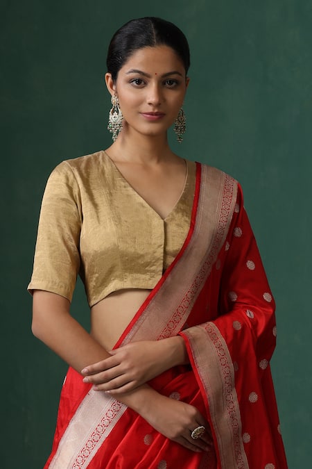 Weaver Story_Gold Tissue V-neck Silk Princess Cut Blouse _Online_at_Aza_Fashions