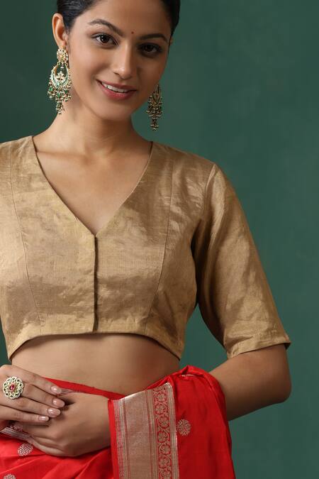 Buy_Weaver Story_Gold Tissue V-neck Silk Princess Cut Blouse _Online_at_Aza_Fashions
