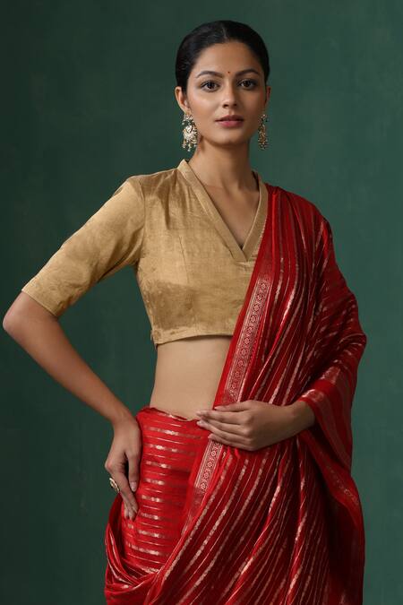 Weaver Story_Gold Tissue V-neck Silk Princess Cut Blouse _Online_at_Aza_Fashions