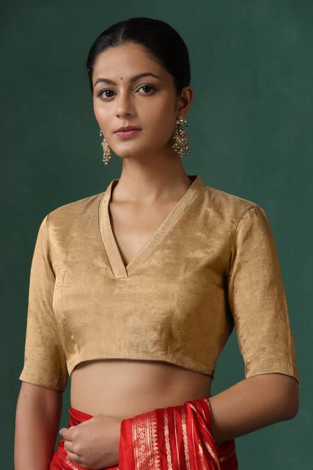 Buy_Weaver Story_Gold Tissue V-neck Silk Princess Cut Blouse _Online_at_Aza_Fashions