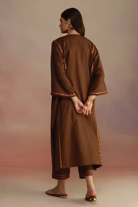 Shop_Roza_Brown Linen Embellished Tassel V Neck Kurta Set With Pant _at_Aza_Fashions