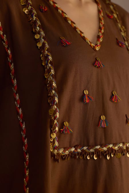 Buy_Roza_Brown Linen Embellished Tassel V Neck Kurta Set With Pant _Online_at_Aza_Fashions