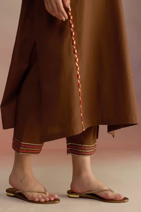 Shop_Roza_Brown Linen Embellished Tassel V Neck Kurta Set With Pant _Online_at_Aza_Fashions