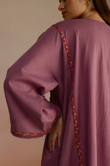 Buy_Roza_Purple Linen Embellished Tassel V Neck Kurta Set _Online_at_Aza_Fashions