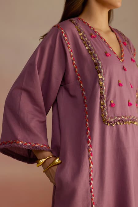 Shop_Roza_Purple Linen Embellished Tassel V Neck Kurta Set _Online_at_Aza_Fashions
