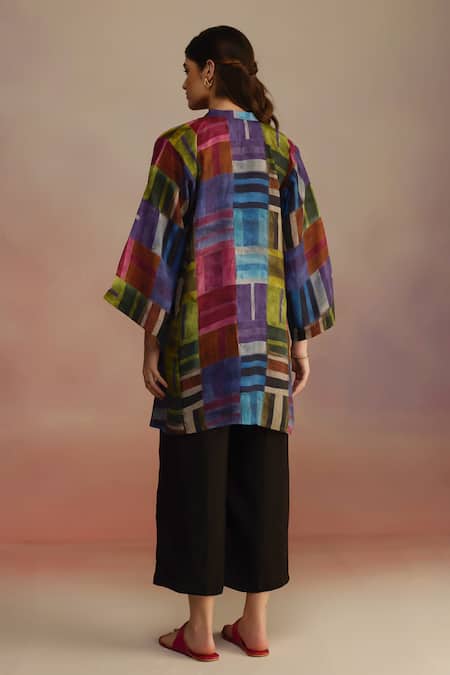 Shop_Roza_Multi Color Habutai Silk Printed Geometric Band Collar Boxy Tunic _at_Aza_Fashions