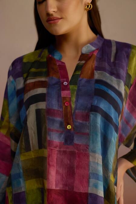 Buy_Roza_Multi Color Habutai Silk Printed Geometric Band Collar Boxy Tunic _Online_at_Aza_Fashions