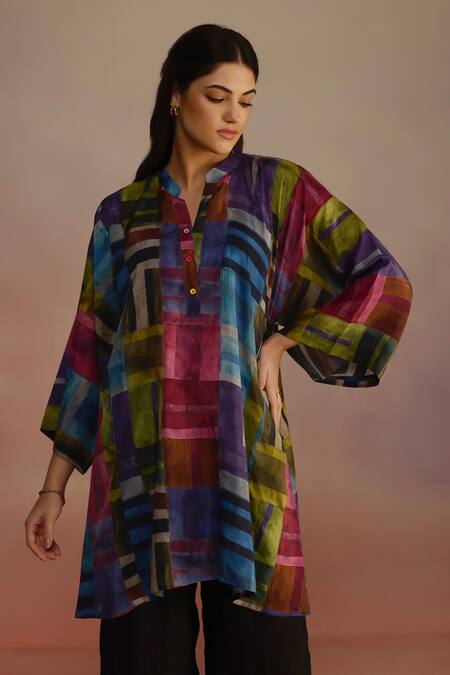 Shop_Roza_Multi Color Habutai Silk Printed Geometric Band Collar Boxy Tunic _Online_at_Aza_Fashions