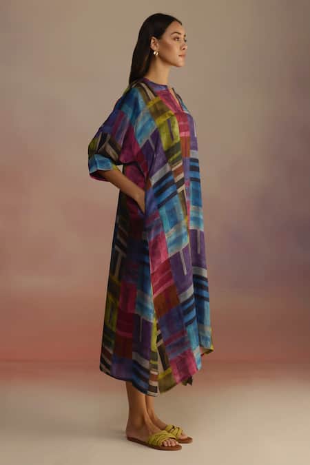 Roza_Multi Color Silk Round Neck Geometric Hand Sketched Midi Dress _Online_at_Aza_Fashions