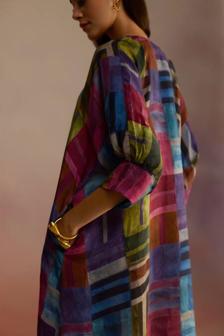 Buy_Roza_Multi Color Silk Round Neck Geometric Hand Sketched Midi Dress _Online_at_Aza_Fashions