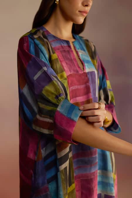 Shop_Roza_Multi Color Silk Round Neck Geometric Hand Sketched Midi Dress _Online_at_Aza_Fashions