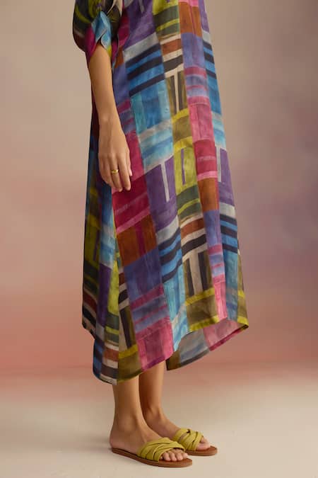Roza_Multi Color Silk Round Neck Geometric Hand Sketched Midi Dress _at_Aza_Fashions