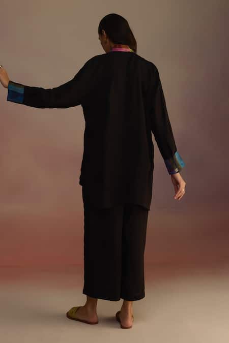 Shop_Roza_Black Habutai Silk Printed Geometric Collared Shirt _at_Aza_Fashions