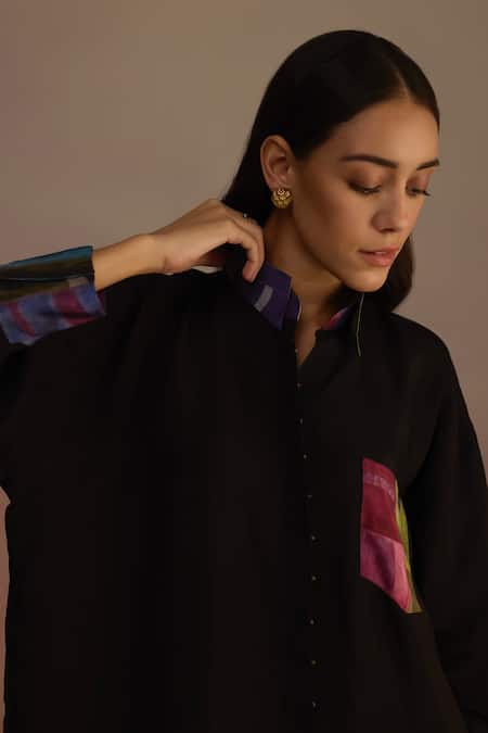 Roza_Black Habutai Silk Printed Geometric Collared Shirt _Online_at_Aza_Fashions