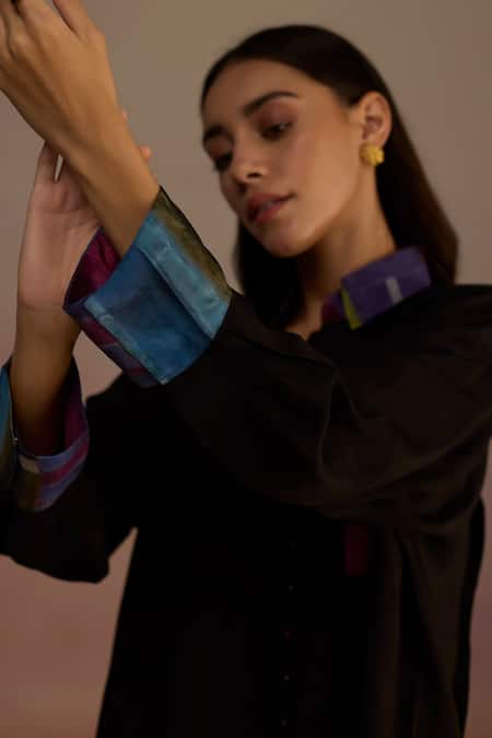 Buy_Roza_Black Habutai Silk Printed Geometric Collared Shirt _Online_at_Aza_Fashions