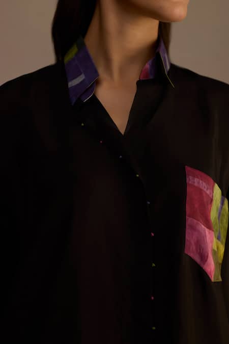 Shop_Roza_Black Habutai Silk Printed Geometric Collared Shirt _Online_at_Aza_Fashions