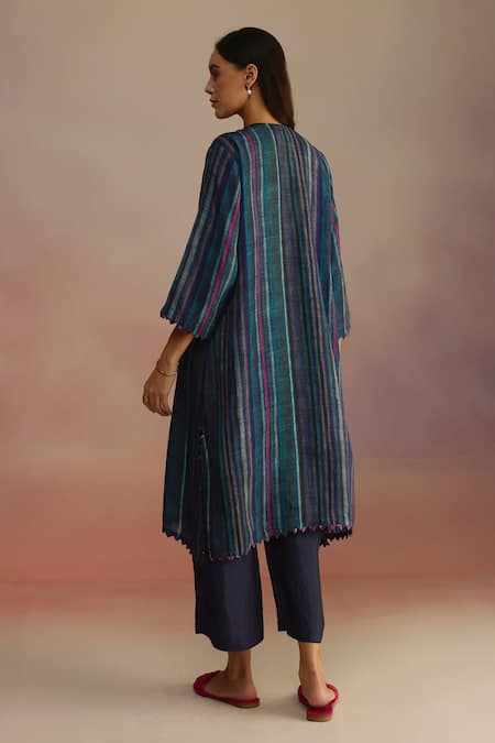 Shop_ROZA_Blue Habutai Silk Printed Stripe Round Hand Sketched Kurta _at_Aza_Fashions