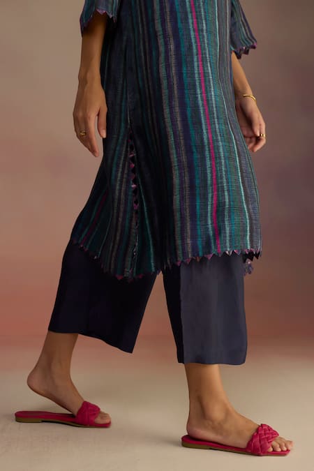 Roza_Blue Habutai Silk Printed Stripe Round Hand Sketched Kurta Set_at_Aza_Fashions