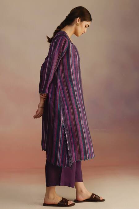 Buy_Roza_Purple Silk Round Neck Hand Sketched Stripe Kurta Set_Online_at_Aza_Fashions