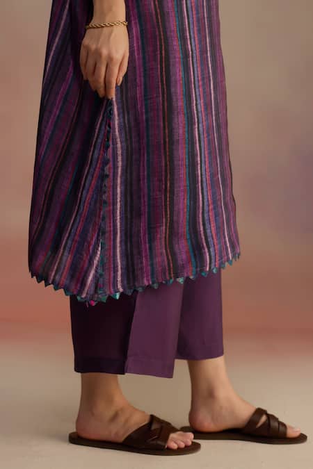 Shop_Roza_Purple Silk Round Neck Hand Sketched Stripe Kurta Set_Online_at_Aza_Fashions