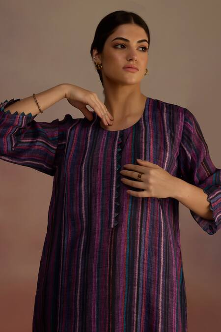 Roza_Purple Silk Round Neck Hand Sketched Stripe Kurta Set_at_Aza_Fashions