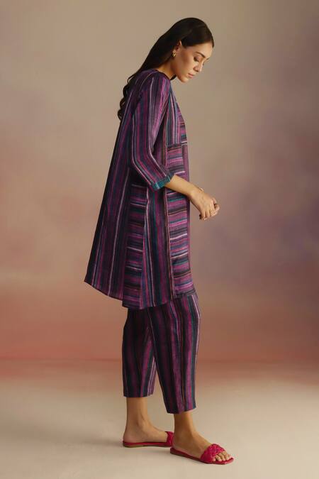 Shop_Roza_Purple Habutai Silk Printed Stripe Round Hand Sketched Kurta _at_Aza_Fashions