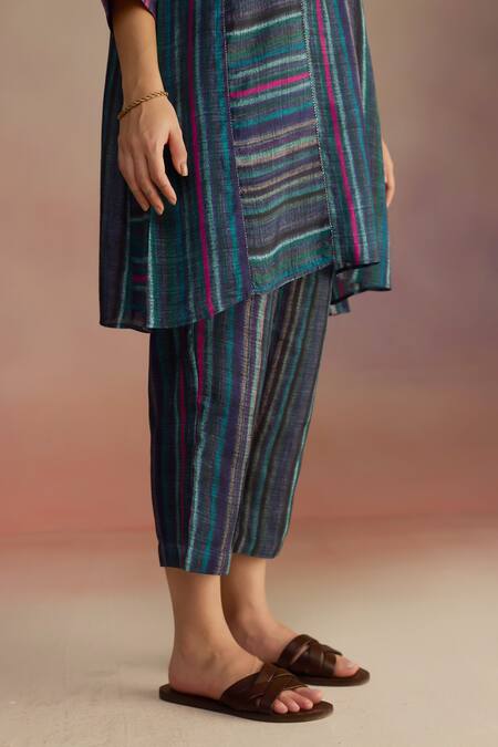 Shop_Roza_Blue Habutai Silk Printed Stripe Round Hand Sketched Kurta Set_Online_at_Aza_Fashions