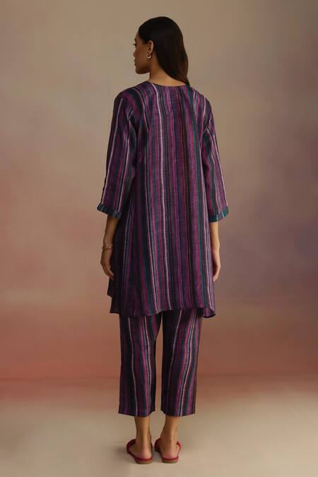 Shop_Roza_Purple Habutai Silk Printed Stripe Round Hand Sketched Kurta Set_at_Aza_Fashions