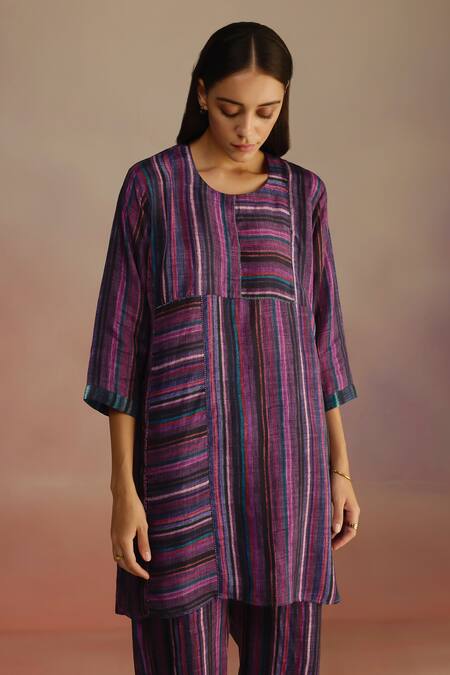 Shop_Roza_Purple Habutai Silk Printed Stripe Round Hand Sketched Kurta Set_Online_at_Aza_Fashions
