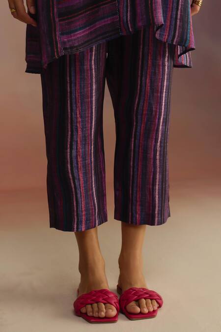 Buy_Roza_Purple Habutai Silk Printed Stripe Round Hand Sketched Kurta Set