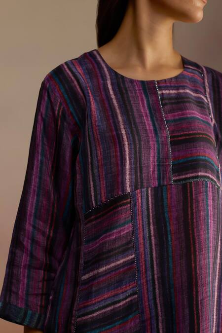 Shop_Roza_Purple Habutai Silk Printed Stripe Round Hand Sketched Kurta Set