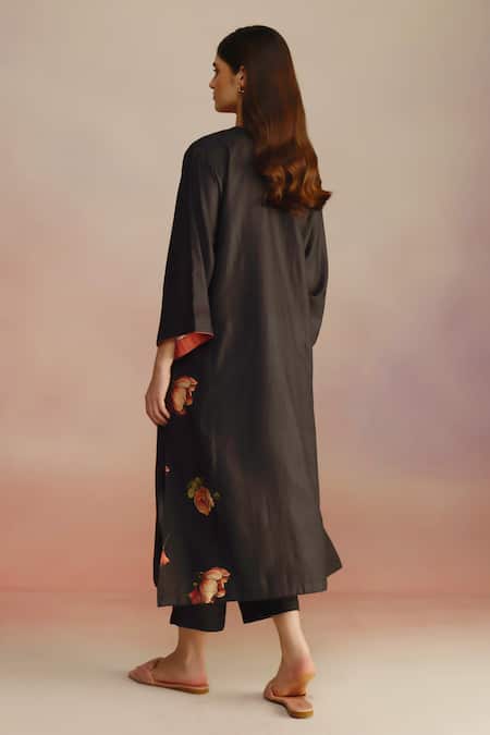 Shop_Roza_Black Silk, Wool Embroidery V-neck Floral A-line Kurta Set _at_Aza_Fashions