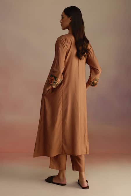 Shop_Roza_Brown Silk, Wool Open Neck Cinnamon Floral A-line Kurta Set _at_Aza_Fashions